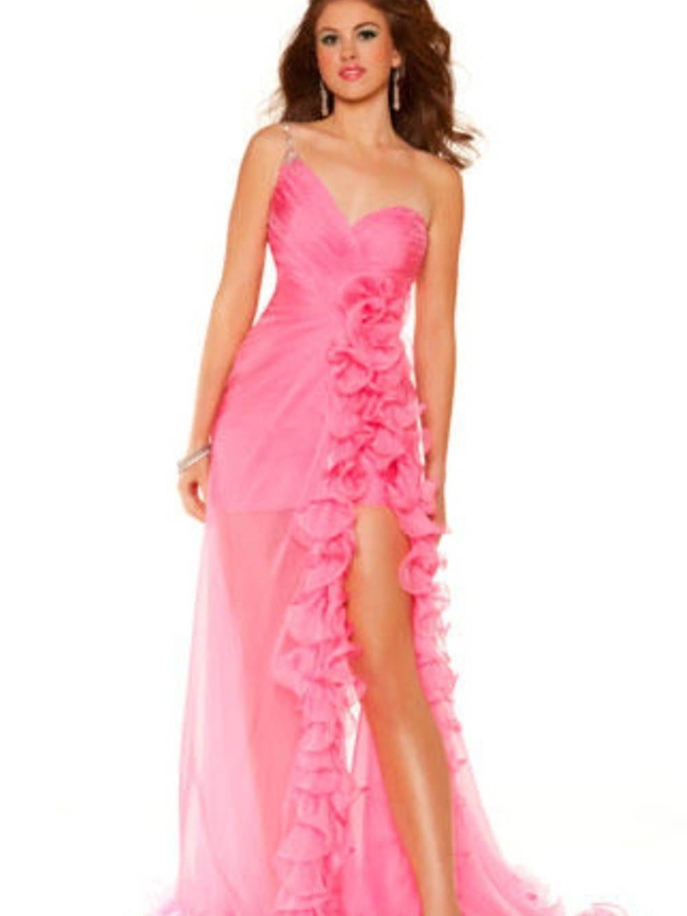 Mac Duggal Homecoming Bubblegum Pink One-Shoulder Ruffle High-Slit Gown